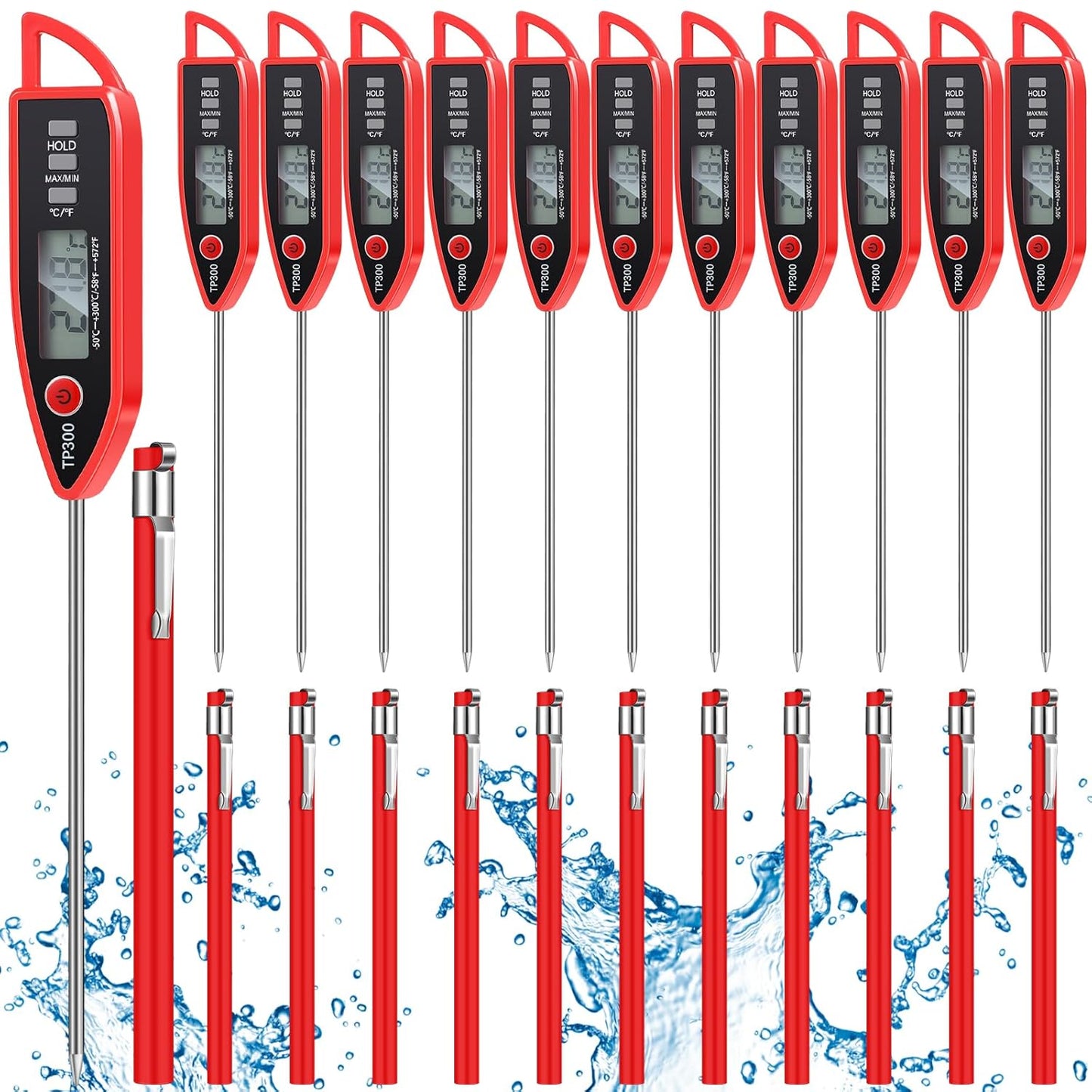 12 Set Waterproof Food Thermometer for Water, Liquid, Candle and Cooking Digital Meat Thermometer with Long Probe Instant Read for Kitchen BBQ Grill Candy (Red)
