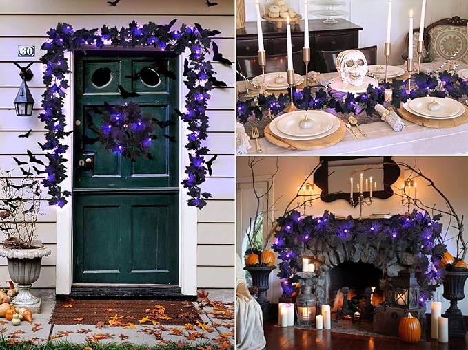 RECUTMS Halloween Maple Leaf Garland with Purple Lights - Black Artificial Leaves Decor for Home Mantle, Stairs, Indoor/Outdoor - 2 Pack