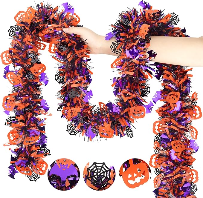 Halloween Tinsel Garland Decorations, 36.75 Ft Shiny Metallic Halloween Hanging Decorations with Pumpkin Bat Spider Web, Purple and Orange Tinsel Garland for Outdoor Indoor Home Tree Party Decor