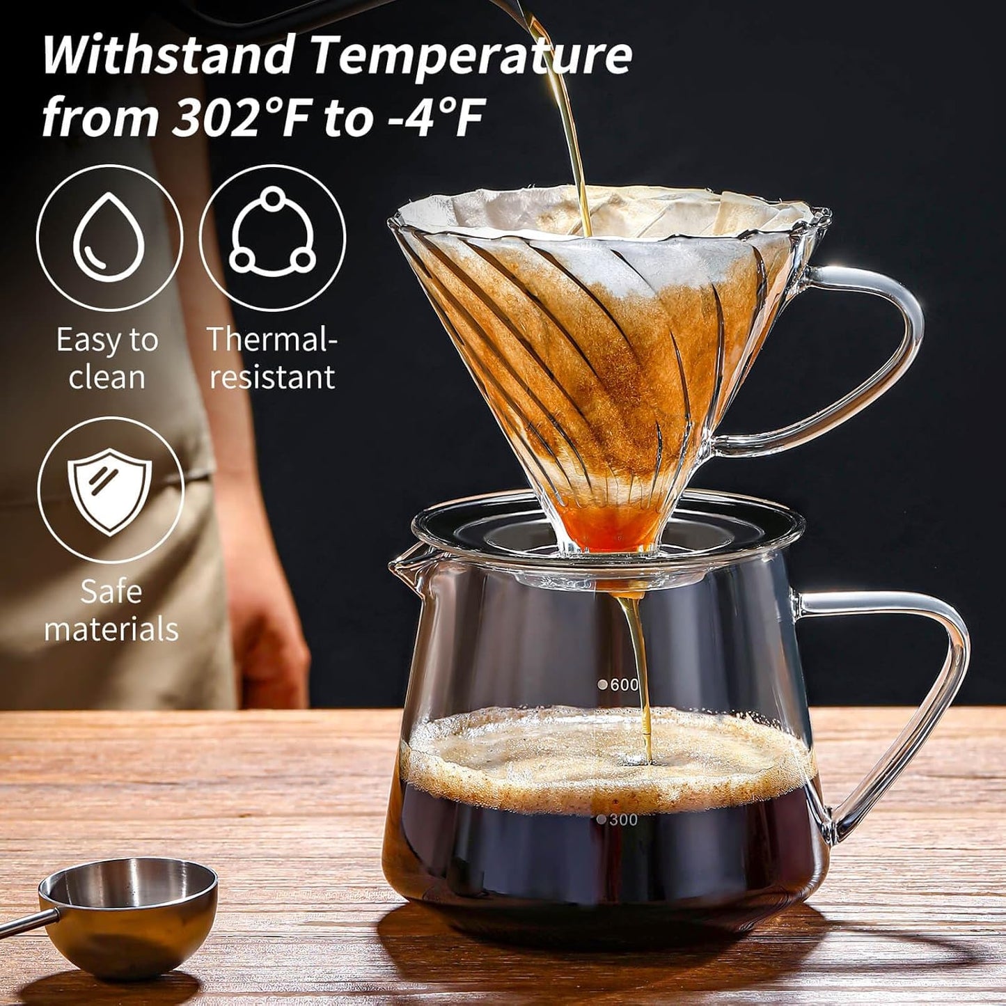 Unbreakable - Pour Over Coffee Maker 750ML/25OZ, Heat Resistant Borosilicate Glass Dripper with Filter Holder, BPA-Free Manual Coffee Brewer for Home and Office Use
