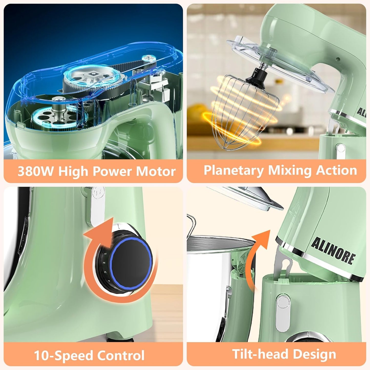 Stand Mixer, 6.5QT 660W 10-Speed Tilt-Head Electric Kitchen Stand Mixer, Food Mixer with Dishwasher-Safe Dough Hook, Egg Whisk, Flat Beater for Baking, Cake and Most Home Cooks (Green)