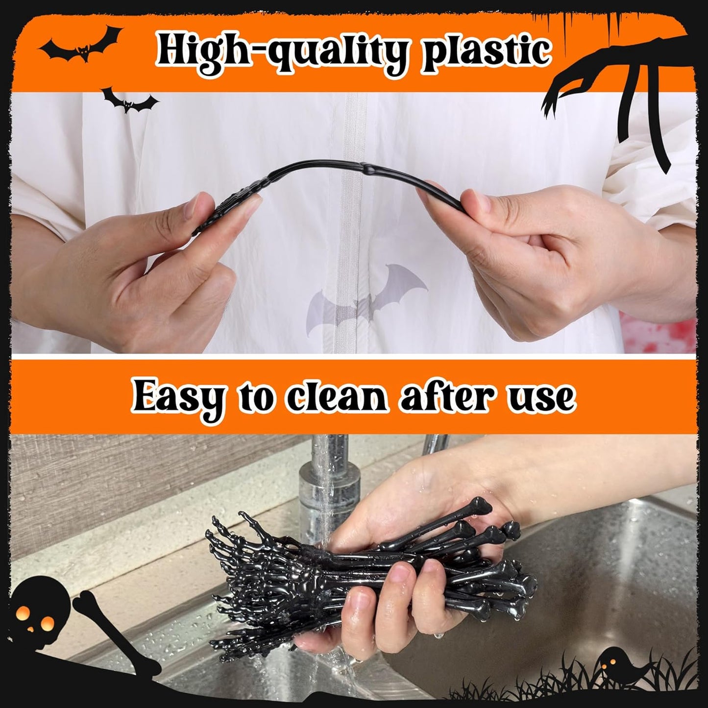 RunNico 60 Pcs 5.9''x1.5'' Halloween Skeleton Cocktail Stirrers, Reusable Skeleton Hand Swizzle Sticks, Halloween Plastic Drink Stirrer for Home Bar Horror Party Table Decorations