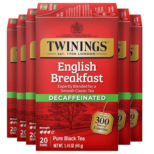Twinings Decaffeinated English Breakfast Individually Wrapped Bags, 20 Count (Pack of 6), Flavourful & Robust, Enjoy Hot or Iced, 120 Teabags