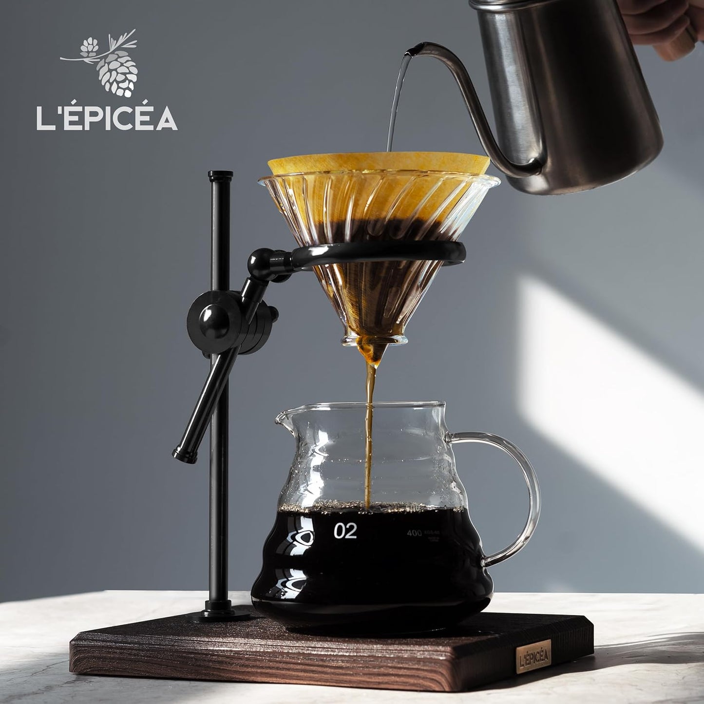 L'ÉPICÉA Pour Over Coffee Maker Set, Pour Over Coffee Maker with Stand, Adjustable Stainless Steel Stand, Wooden Base, Paper Filters, Cone Glass Carafe, Pour Over Coffee Dripper (Black)