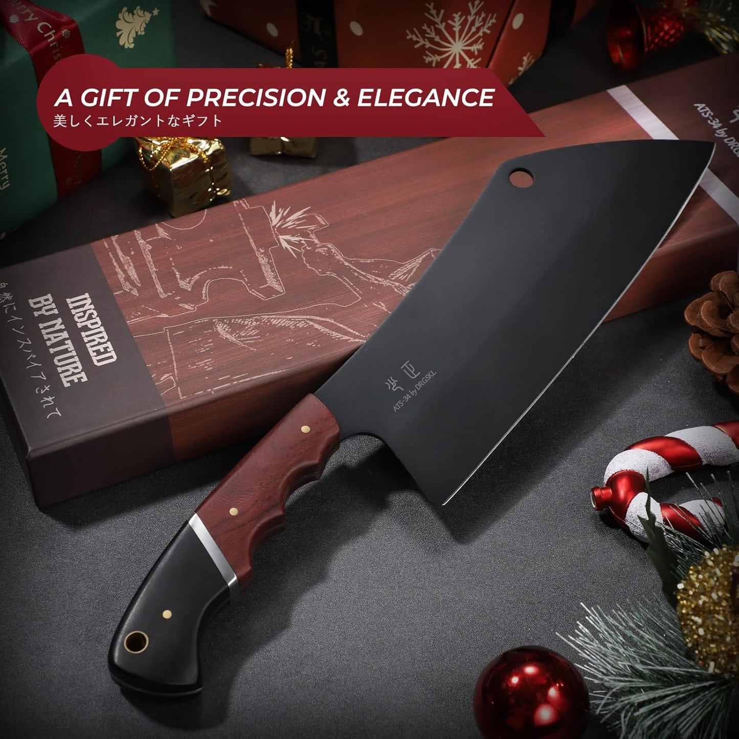 Meat Cleaver Knife 8inch - Black Butcher Knife for Meat Cutting, Japanese High Carbon Steel Vegetable Cleaver for Chopping, Kitchen Cooking Knife with Wooden Handle, Gift for Men