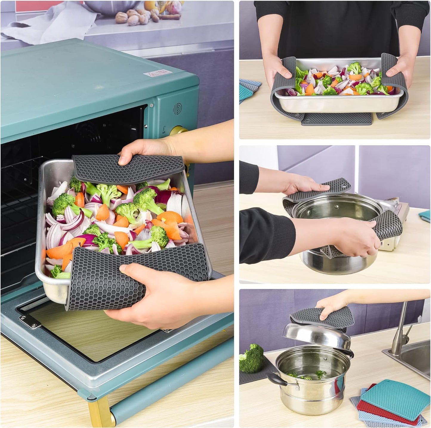 Silicone Trivets Mats, Silicone Hot Pads for Pot Holder, Square Trivets for Hot Dishes, Pots and Pans, Multi Purpose Hot Pads for Kitchen Counter, Non Slip Heat Resistant Mats Set 4 Teal