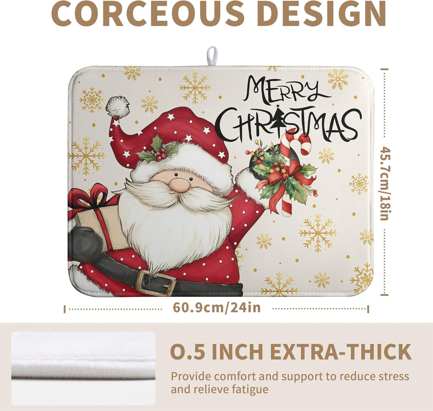 Christmas Santa Themed Dish Drying Mat Winter 18x24 Inch Large Size Drying Pad for Kitchen Counter Snowflake Dish Dry Mats Microfiber Absorbent Kitchen Decor Merry Christmas Coffee Bar Pad