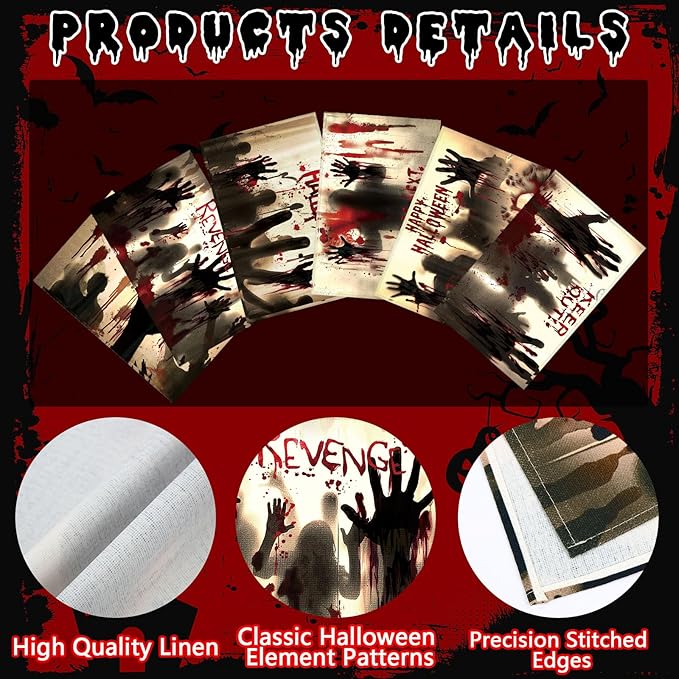 Umigy 6 Pcs Halloween Placemats 12"x18" Gothic Bat Placemats Kitchen Decoration Washable Witch Place Mats Rectangle Skull Table Mats for Halloween Dining Table Accessories (Bloody Hands Style)