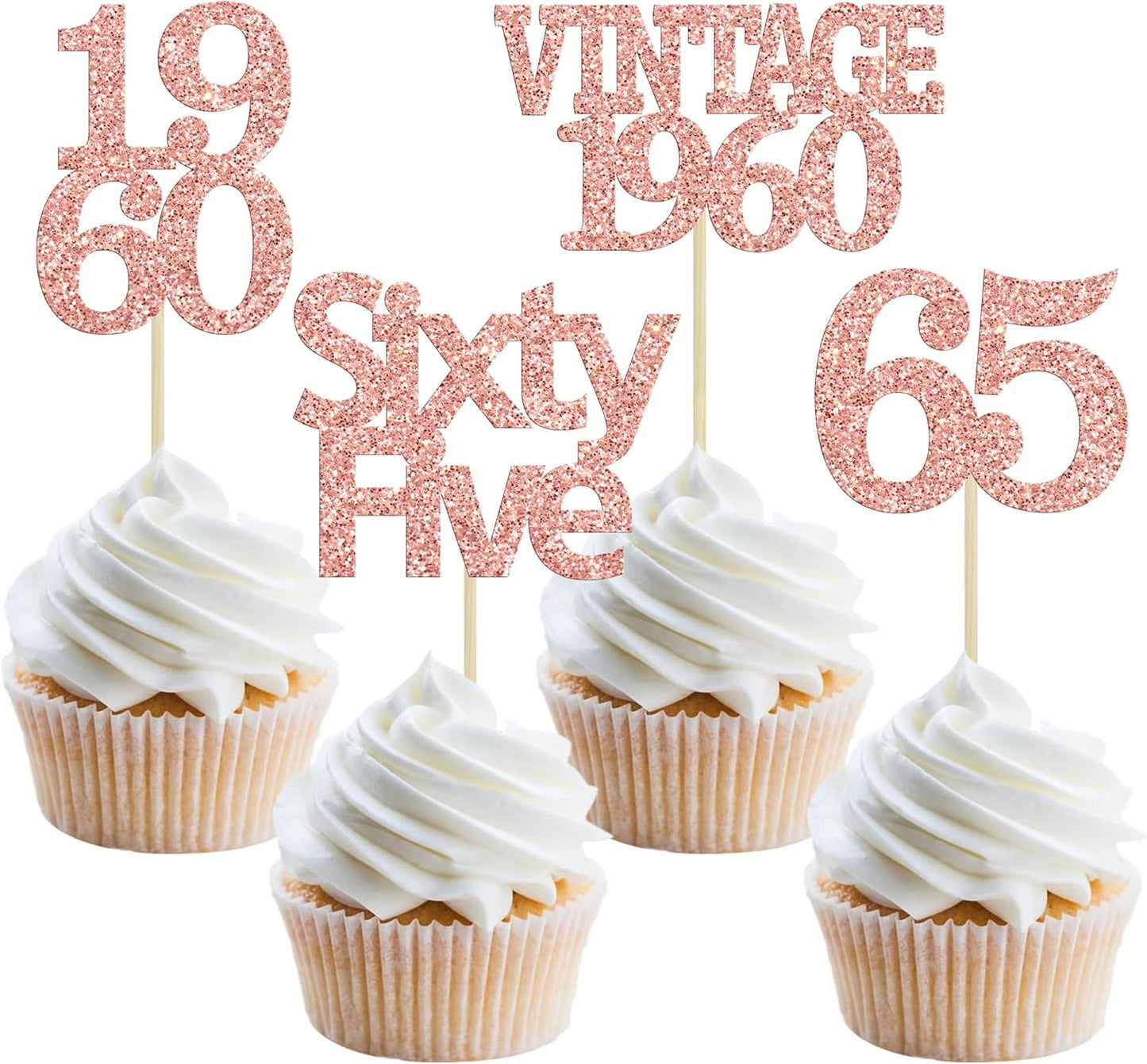 Gyufise 24Pcs 65th Birthday Cupcake Toppers Glitter Cheers to 65 Fabulous Sixty Five Vintage 1960 Cupcake Picks 65th Birthday Wedding Anniversary Party Cake Decorations Supplies Rose Gold