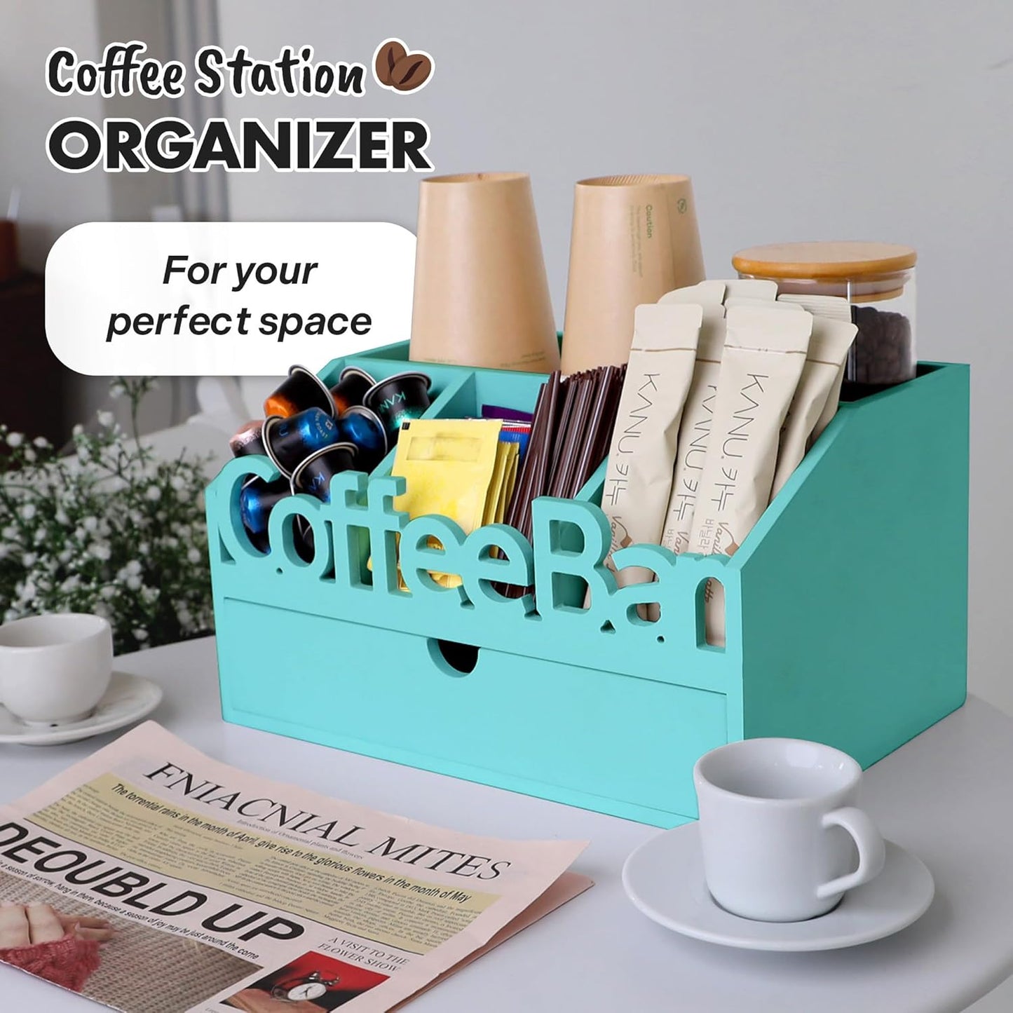 Coffee Bar Organizer for Countertop – Wooden Coffee Station with Black Drawer, Tea and K Cup Storage Rack, Coffee Pod Holder for Home and Office Counter Organization (Drawer - Turquoise)