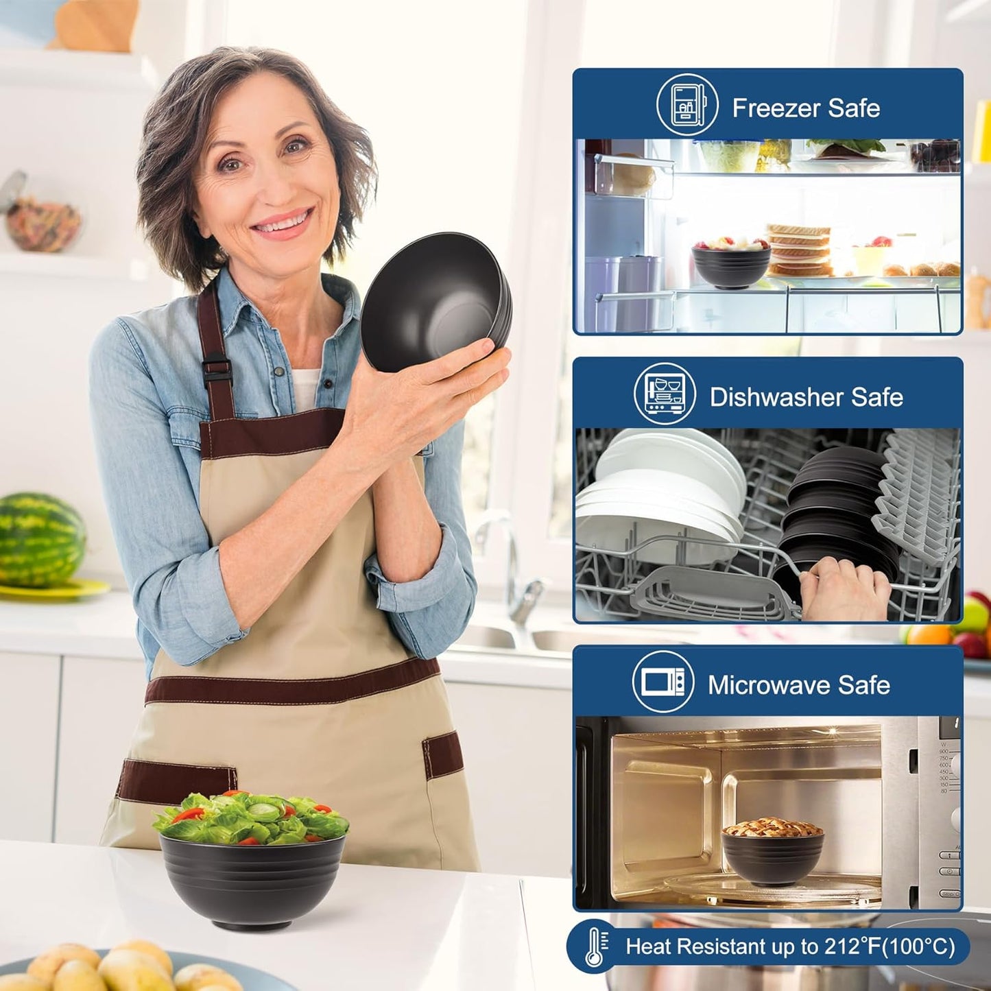 HOTEC BPA Free Unbreakable Wheat Straw Cereal Bowls - Microwave & Dishwasher Safe Soup and Salad Bowls, Set of 8, 26oz, Black