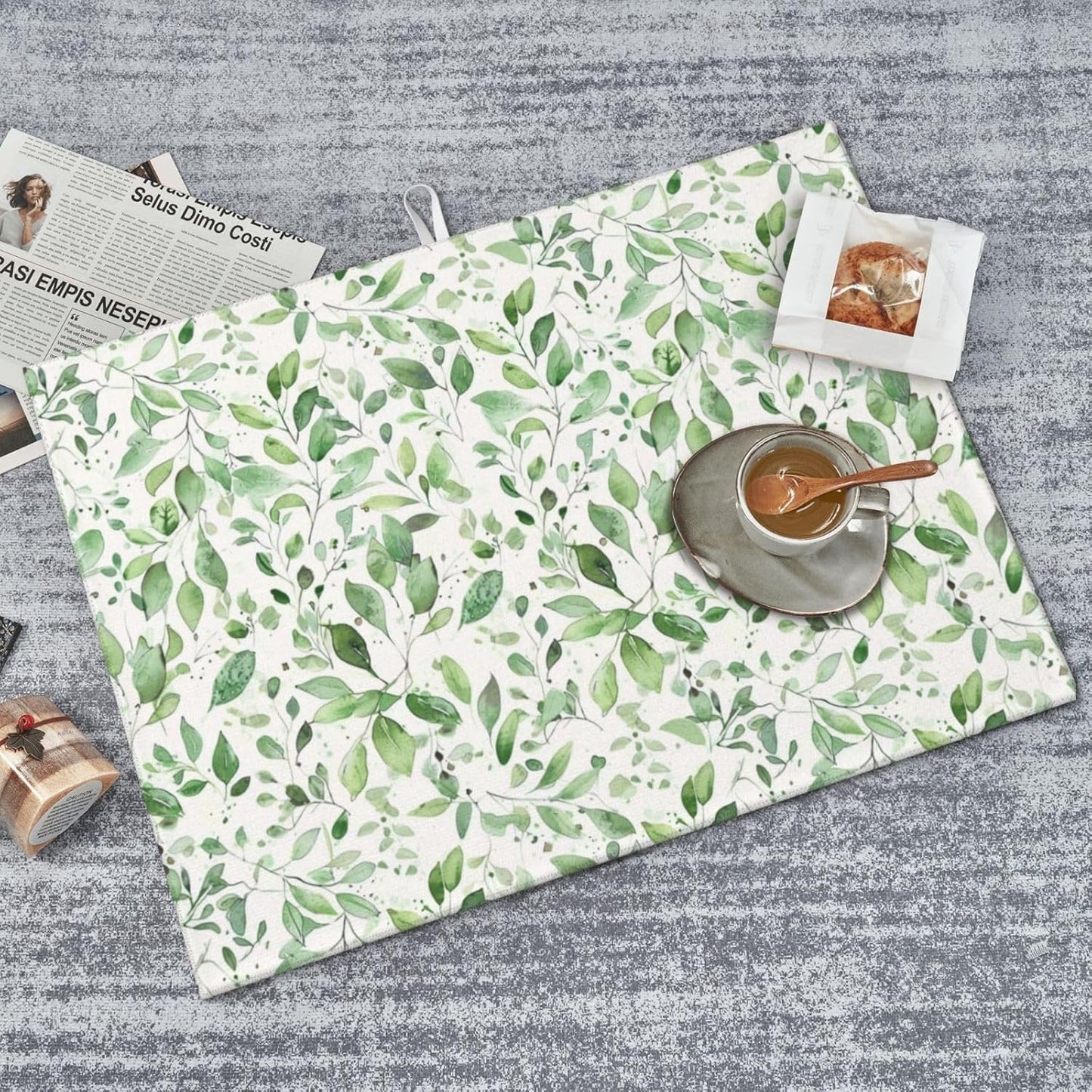Green Leaves Dish Drying Mat, Highly Absorbent Microfiber Kitchen Counter Pad Reusable Washable, 18*24"