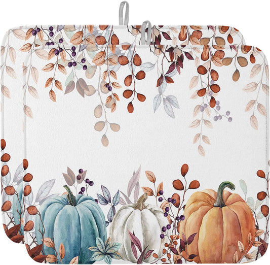 Fall Dish Drying Mat for Kitchen Counter Pumpkin Drying Pad Absorbent Drying Mats for Countertops Sinks Draining Racks Autumn Eucalyptus Leaves Drainer Holiday Harvest Thanksgiving Decorations 18x24