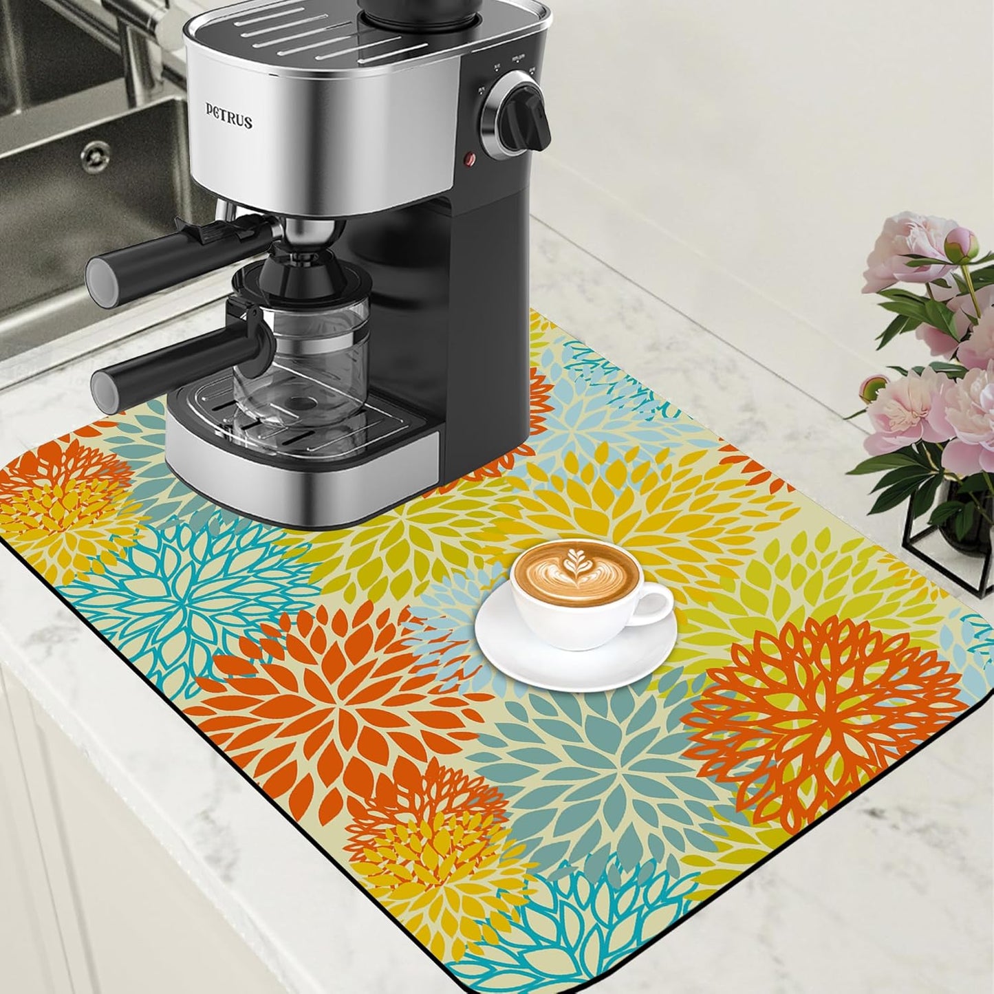 Orange and Blue Chrysanthemum Flower Coffee Mat Absorbent Dish Drying Mat Hide Stain Rubber Backed Coffee Bar Accessories Fit Under Espresso Machine Cafe Table 15.7 x 23.6 Inch