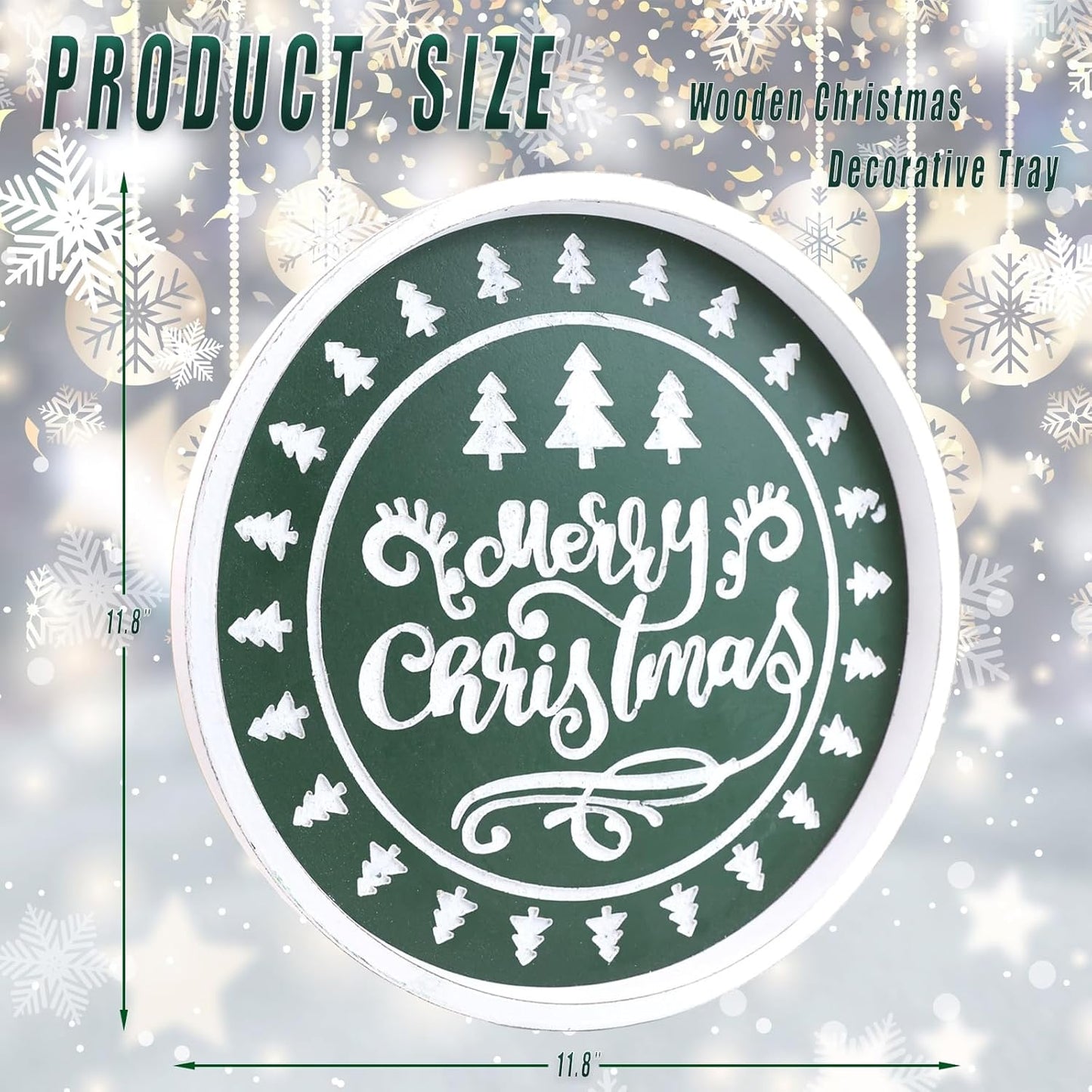 Christmas Wood Decorative Ottoman Tray for Coffee Table Kitchen Counter, Living Room, Round Handcrafted Green Wooden Serving Tray for Table Centerpiece