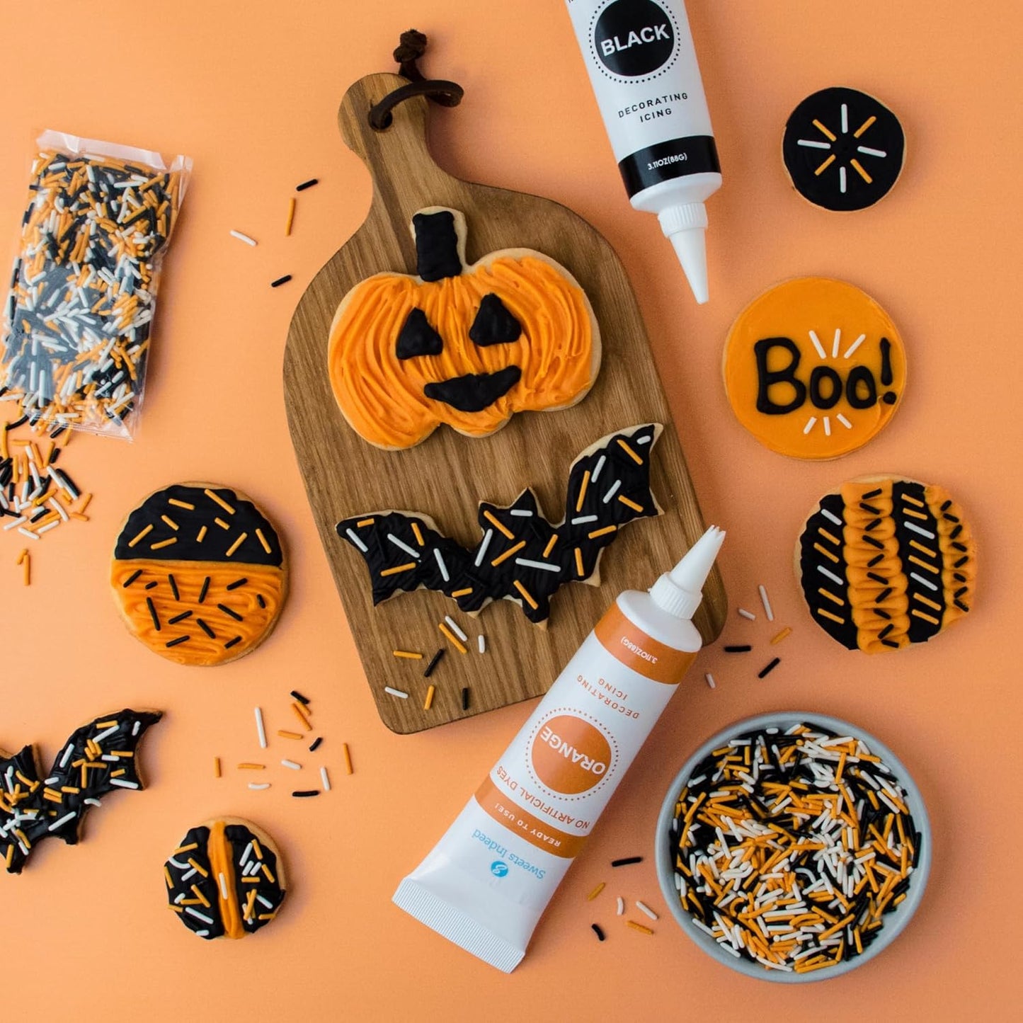 Sweets Indeed Dye-Free Halloween Frosting & Sprinkles Set – 8.22 oz | 2 Frosting Tubes (Orange & Black) + 2 Decorating Tips + 2 oz Sprinkle Mix (Black, Orange & White) | No Artificial Dyes Cupcake & Cookie Decorating Kit