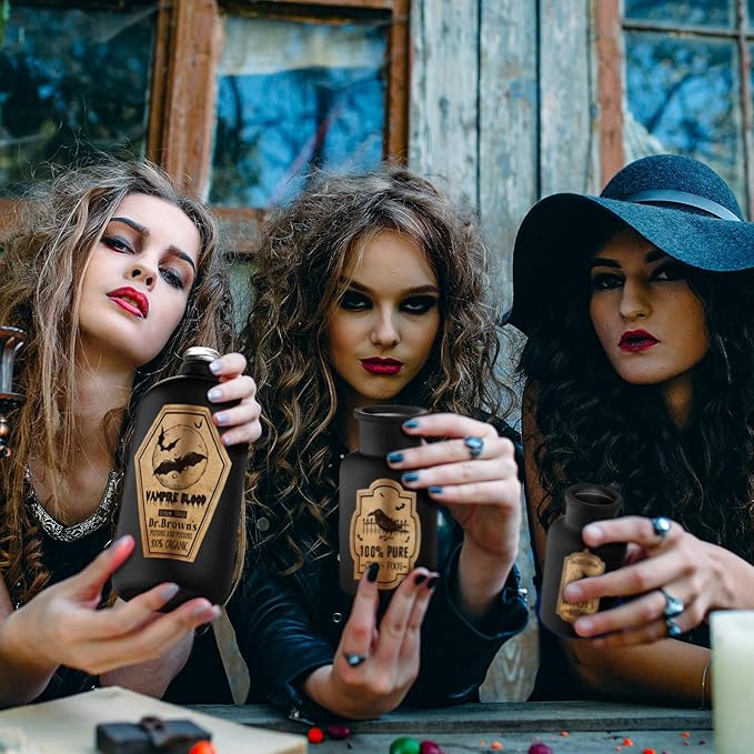 Umigy 3 Pcs Vintage Glass Potion Bottles with Cork Lid Black Halloween Tiered Tray Decoration 12 Apothecary Bottles Jars Stickers Labels Halloween Table Home Bathroom Decorations Indoor