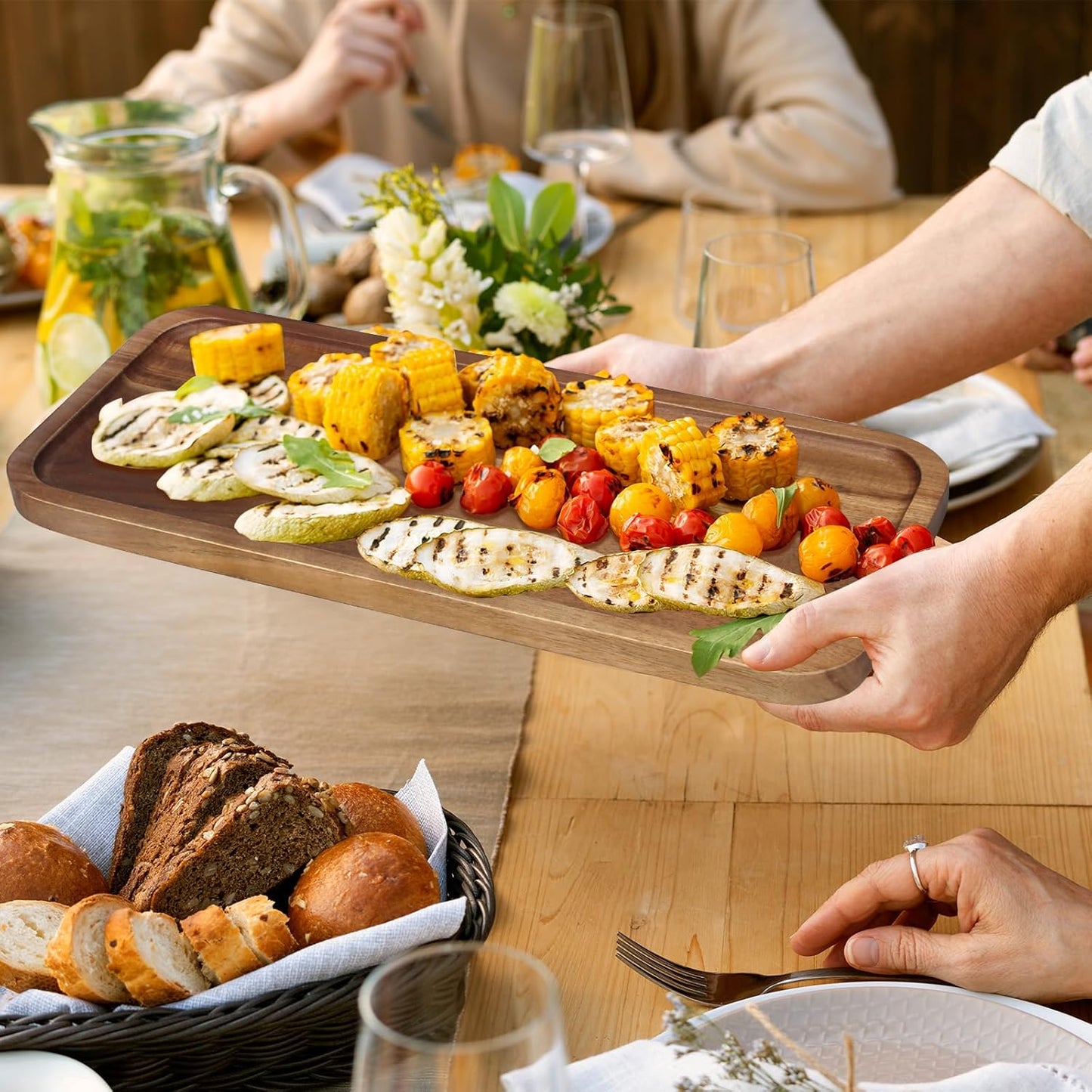 Small Wooden Serving Platters Acacia Charcuterie Boards Rectangle Wood Tray Home Decor Serving Cheese Board Appetizer Snack Plates Kitchen Dinner Platter for Food Dish Rectangular Cake Dessert Trays