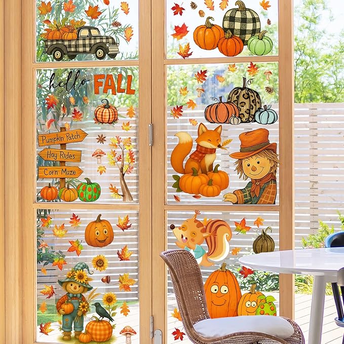 DC-BEAUTIFUL 153 Pcs Fall Window Clings, 12 Sheets Double Sided Autumn Pumpkin Scarecrow Maple Leaf Glass Stickers, Reusable Static Thanksgiving Window Decals Party Decors for Home Office School Shop