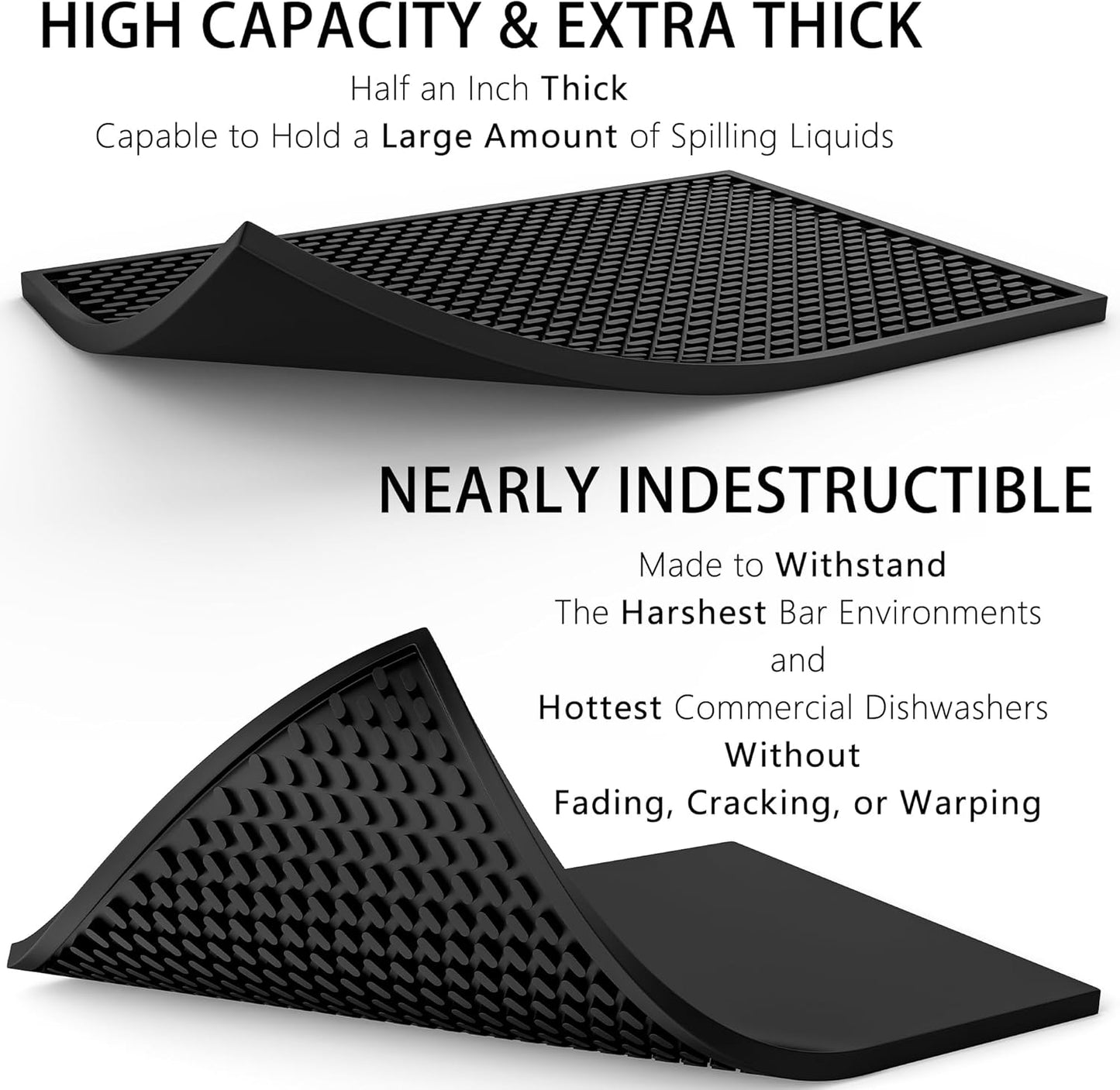 2 Pack Silicone Bar Mat - 1/2 Inch Thick Heat-Resistant and Food Safe Drip Mat - Spill Mats for Counter Top - Kitchen Service Mat, Coffee Bar, Restaurant - Drying Mat - 18 x 12 Inches