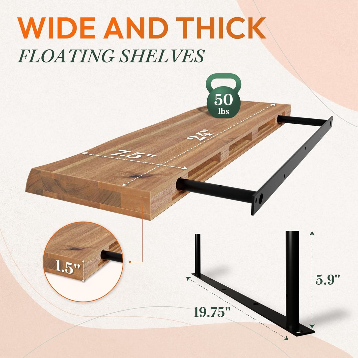 24" Acacia Live Edge Floating Shelves Set of 2 - Wall Mounted Wooden Shelf for Stylish Home Décor - Teak Look Color 24x7.5x1.5 Inches