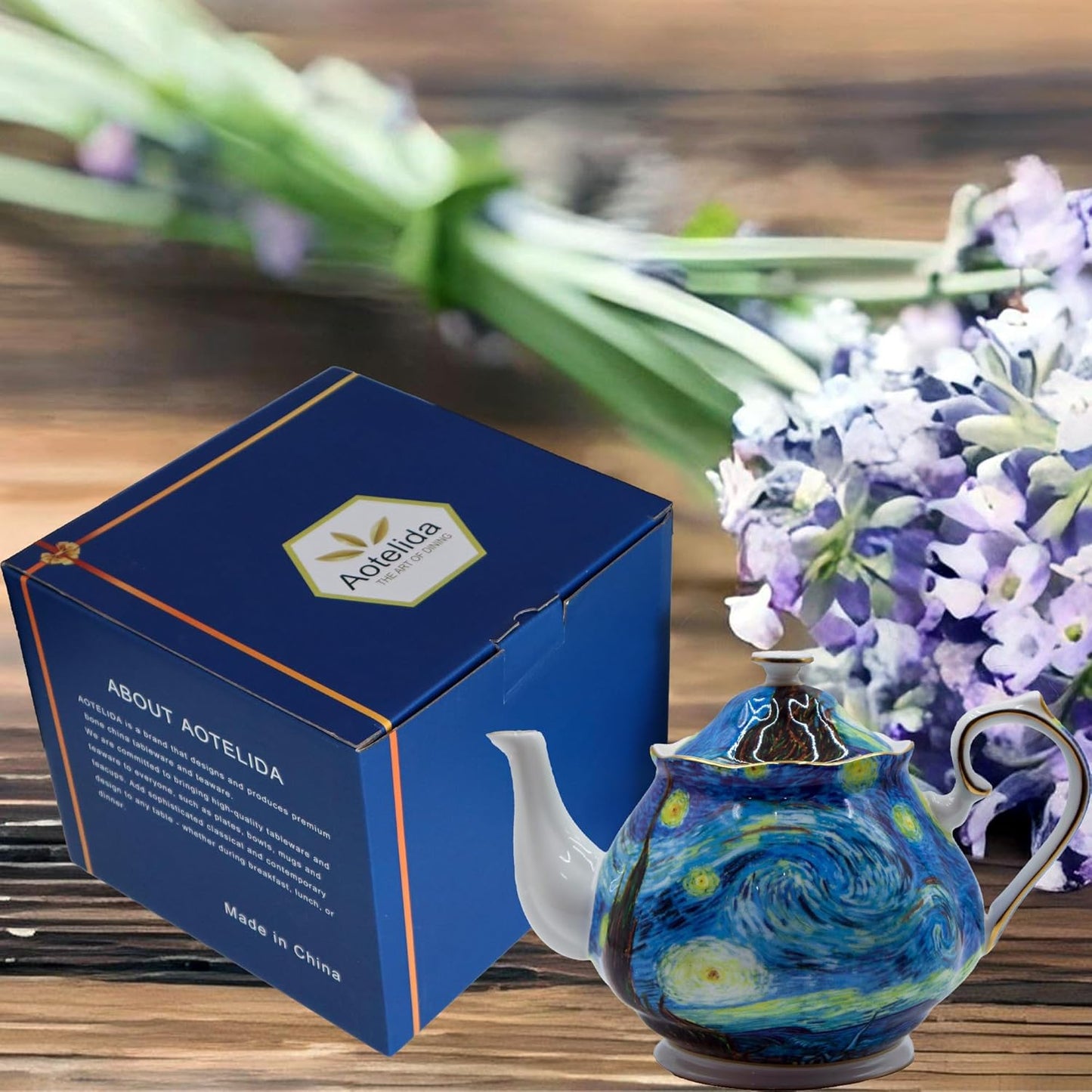 Teapot 30 oz Van Gogh Paintings Bone China Loose Tea Pot Floral Design Vintage Ceramic Coffee Water Pot European Style Porcelain (Starry Sky)