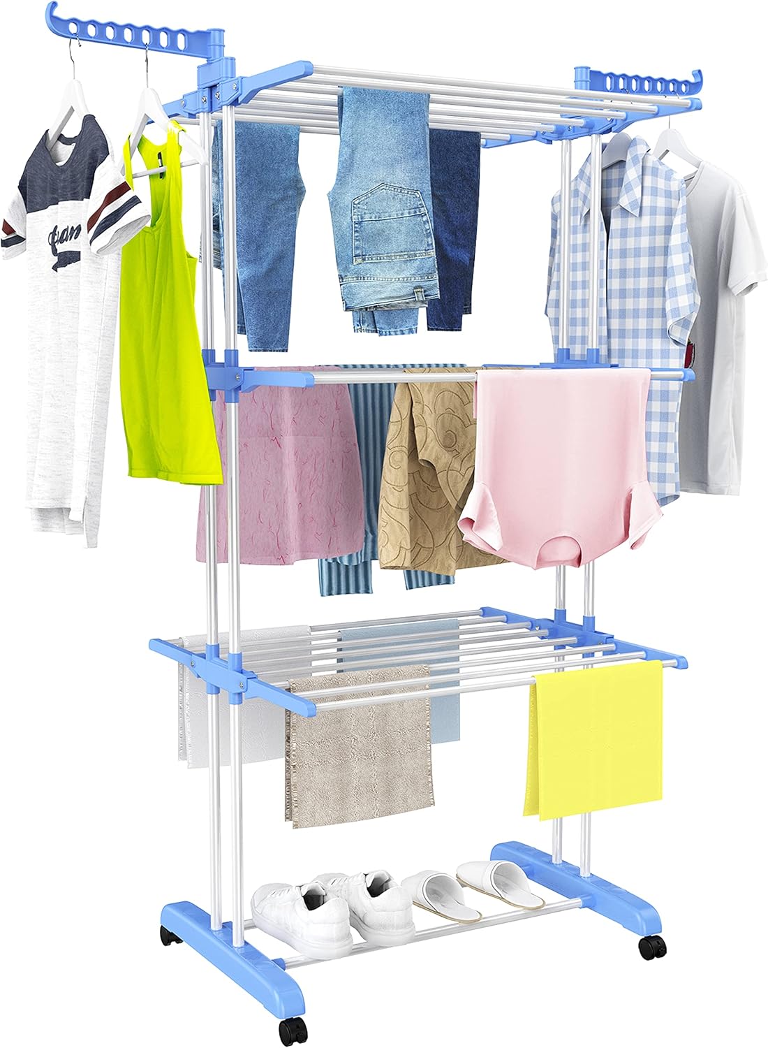 HOMIDEC Clothes Drying Rack, Large 4-Tier Foldable Drying Rack Clothing (67.7H x 19.7W x 30L Inches), Movable with 4 Castors. Multifunctional Stainless Steel Laundry Drying Rack, Blue