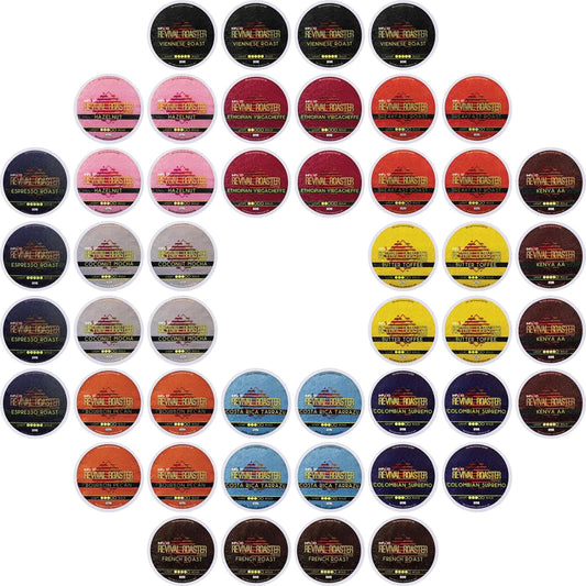 InfuSio Coffee Pods Variety Pack – 48 Count, 12 Crafted Medium & Dark Roast Blends and Artisan-Inspired Flavors Like Bourbon Pecan & Butter Toffee, Revival Roaster Collection, Compatible with Keurig 2.0 Brewers