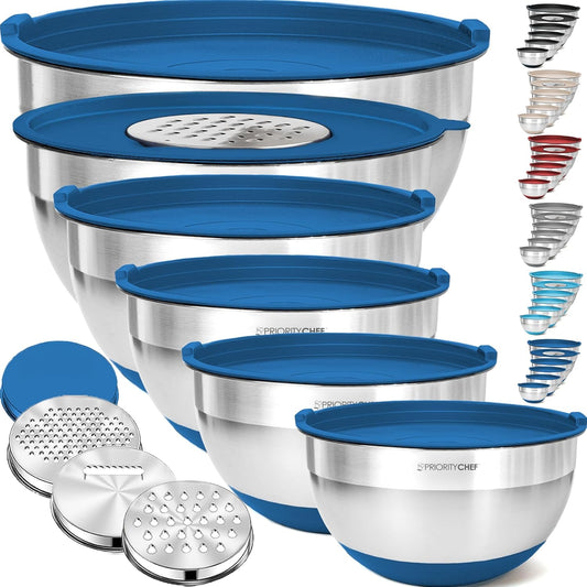 Priority Chef 6Pc Large Mixing Bowls With Lids Set with Non-Slip Bases, Stainless Steel Mixing Bowl Set, 6 Airtight Lids and 3 Graters, Blue