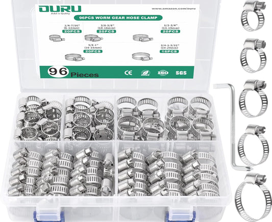 96PCS Hose Clamps Stainless Steel Assortment Adjustable 1/4"-1-5/32"(6-29mm) Worm Gear Hose Clamp, Heavy Duty Metal Small Hose Clamps for Automotive, Pipe, Radiator Plumbing, Fuel Line