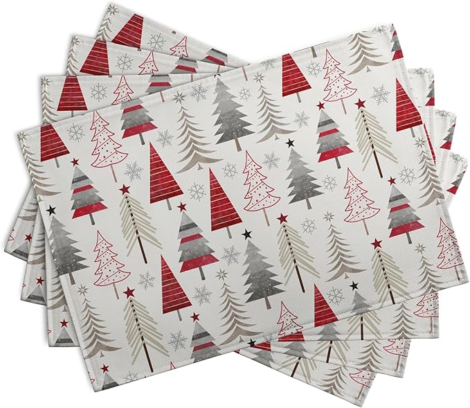 Christmas Tree Placemats Set of 4 Geometric Colorful Xmas Place Mats 12x18 Inch Seasonal Winter Holiday Farmhouse Washable Linen Table Mat for Party Kitchen Dining Decoration