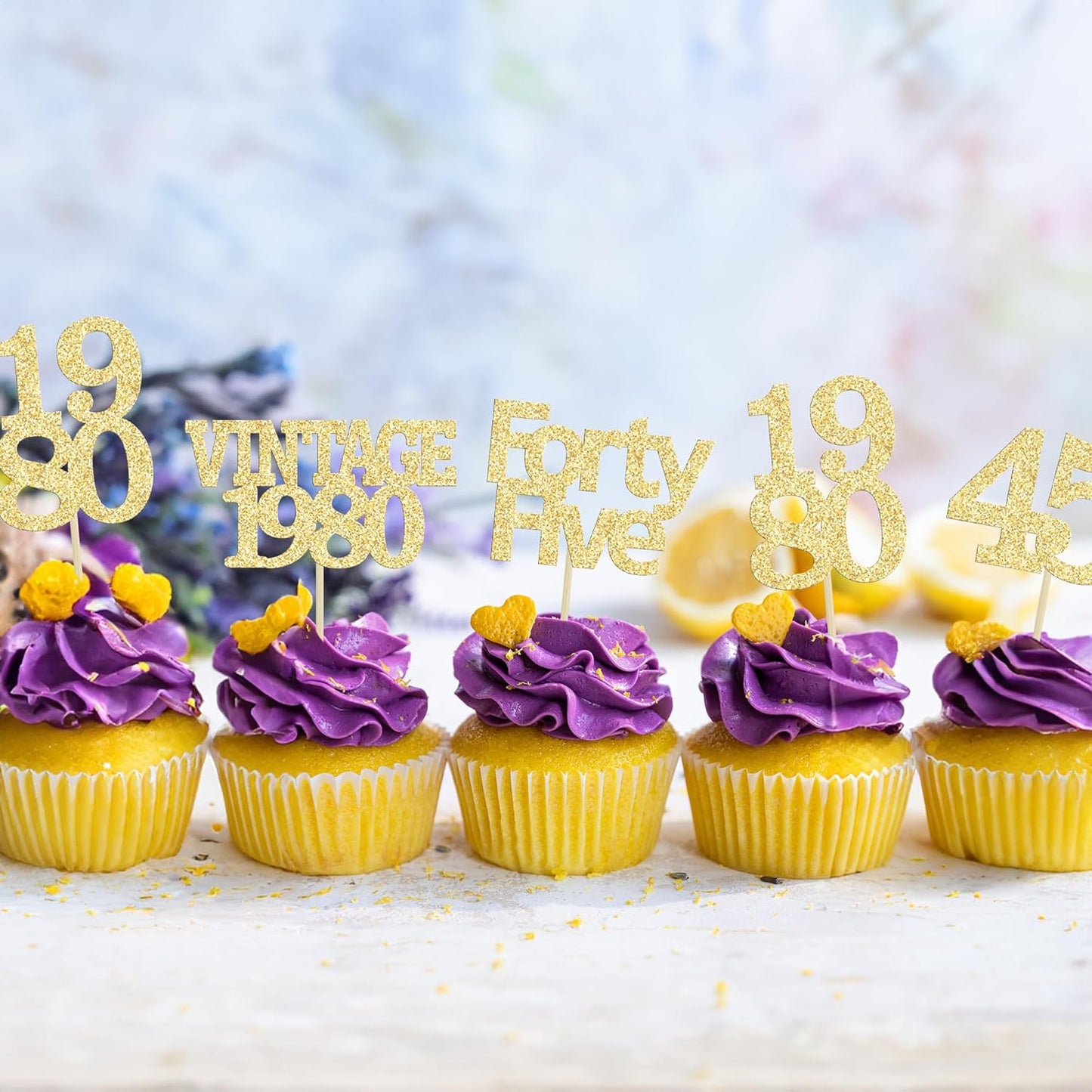 Gyufise 24Pcs 45th Birthday Cupcake Toppers Glitter Cheers to 45 Fabulous Forty Five Vintage 1980 Cupcake Picks 45th Birthday Wedding Anniversary Party Cake Decorations Supplies Gold