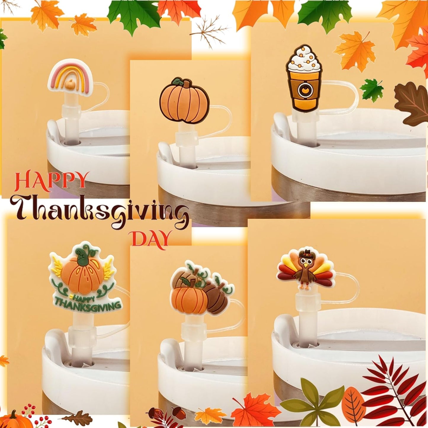 9pcs Fall Toppers for Stanley Cup - Thanksgiving Autumn Straw Covers 10mm Drinking Tip Covers for Stanley Cup Accessories