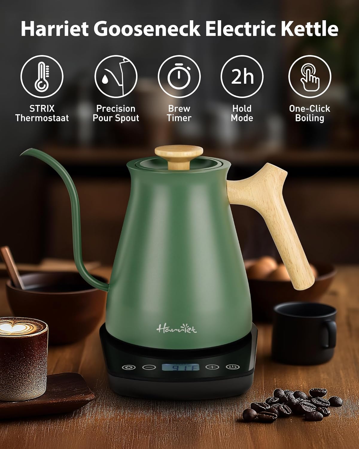 Harriet Gooseneck Electric Kettle - 1200W Fast Heat, 0.8L Stainless Steel, Precision Temp Control & Timer, Wood Handle, Pour Over Coffee and Tea, Green