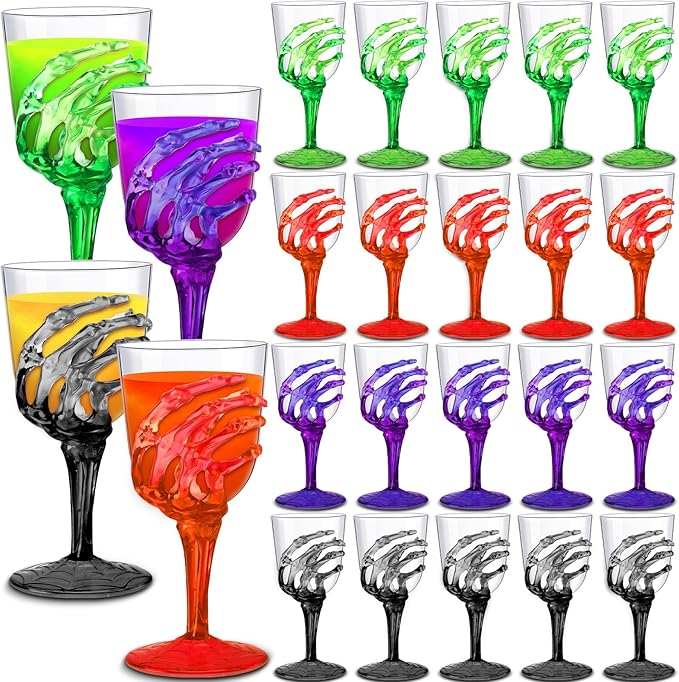 Yungyan 60 Pcs Halloween Skeleton Hand Plastic Goblets Set 12 oz Spooky Skeleton Hand Goblets Halloween Clear Cups Wine Glasses Creepy Champagne Decorations for Party Haunted House 4 Color