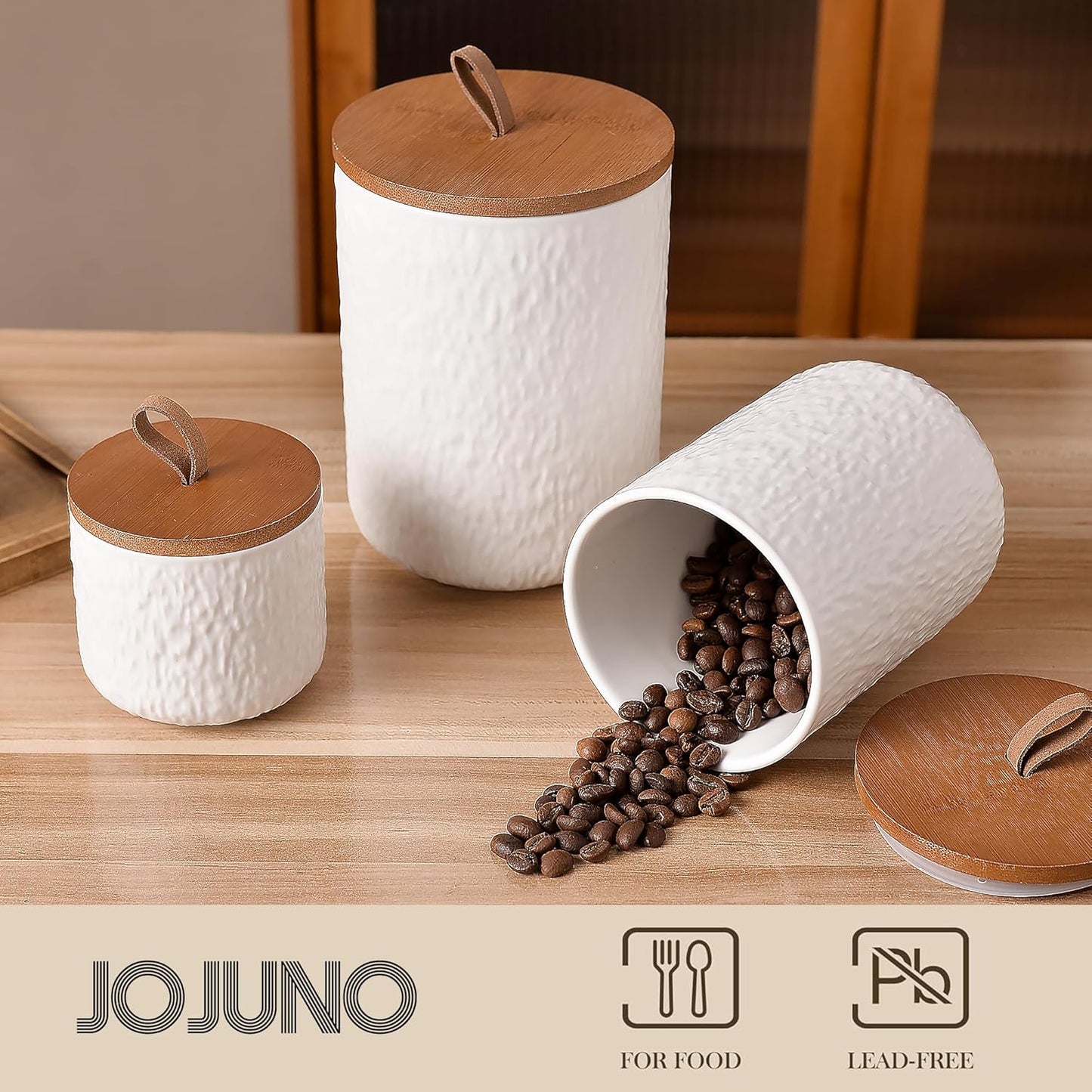 JOJUNO White Ceramic Canister Set with Wooden Lid, 3-Piece Airtight Food Storage Jars for Kitchen Counter - Flour, Sugar, Coffee, Tea, Spice - Small, Medium, Large Sizes - Stone Texture