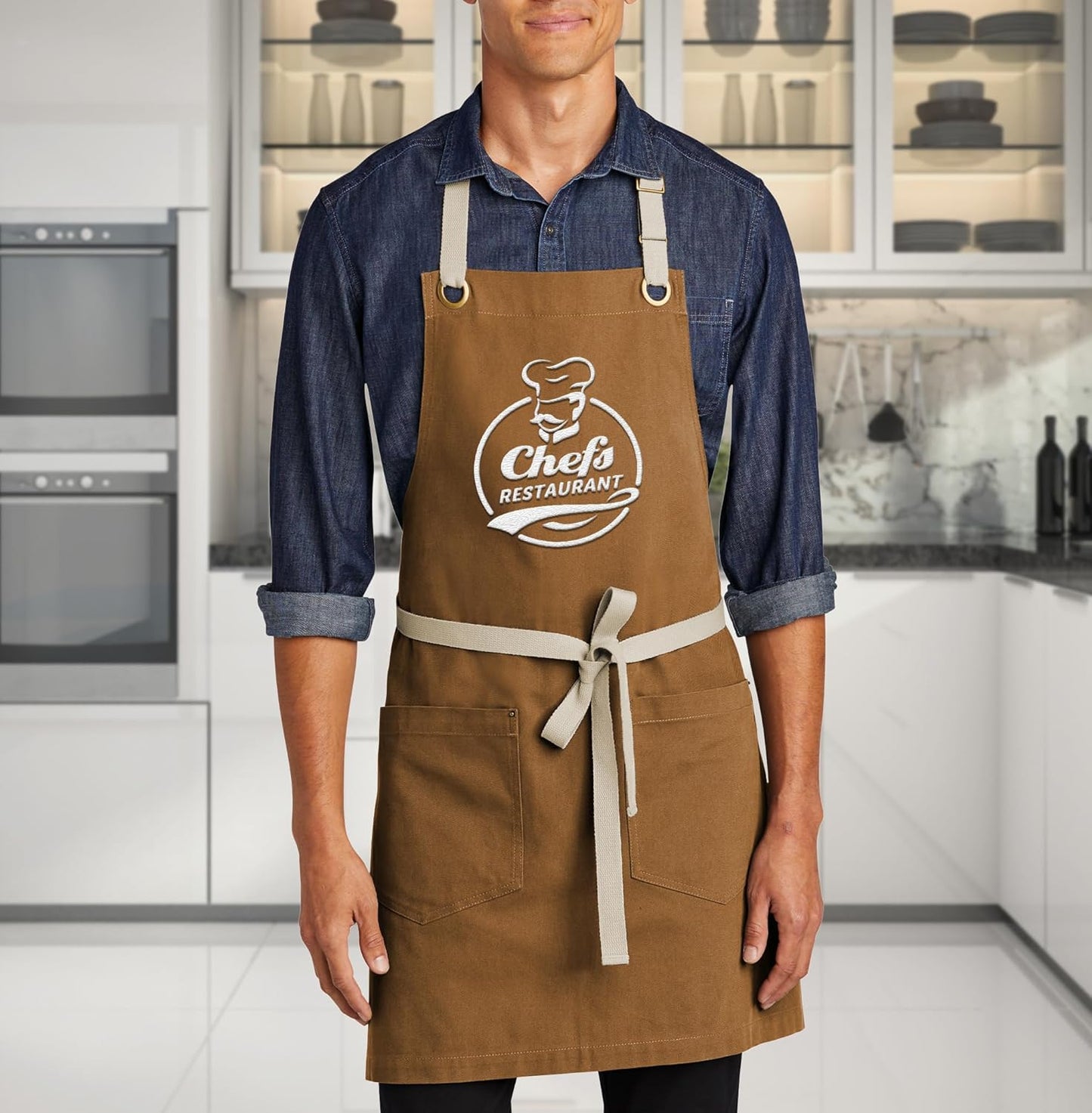 TEEAMORE Custom Embroidered Kitchen Apron Add Your Name Logo Design Cooking Baking Kitchen Chef Apron Gifts