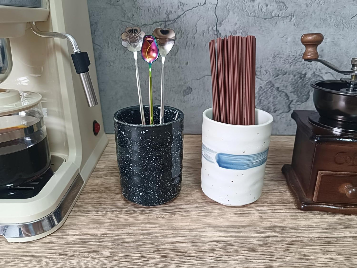 Stoneware Coffee Bar Utensil Holder Tea & Coffee Spoon & Stirrer Holder for Stir Stick Straw Teaspoon Holder Spoon Cup Small Utensil Jar (Starry night)