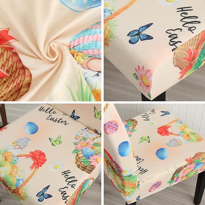 JQinHome Easter Chair Covers Set of 6,High Stretch Removable Washable Chair Seat Protector Cover for Easter Decoration-Easter Theme Decor with Easter Egg Basket