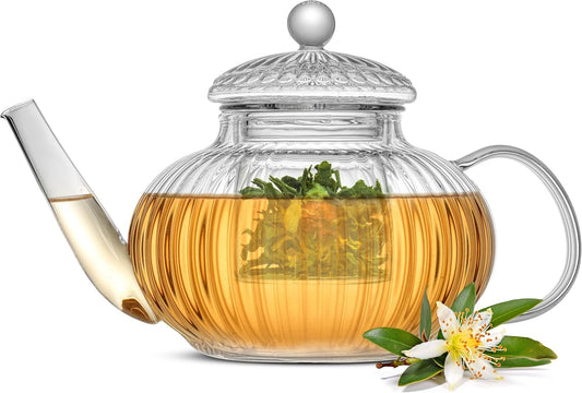 JoyJolt Fluted Glass Teapot Set 34oz, Stovetop Safe Tea Kettle, Borosilicate Clear Kettle with Removable Glass Infuser, Blooming and Loose Leaf Tea Maker and Brewer