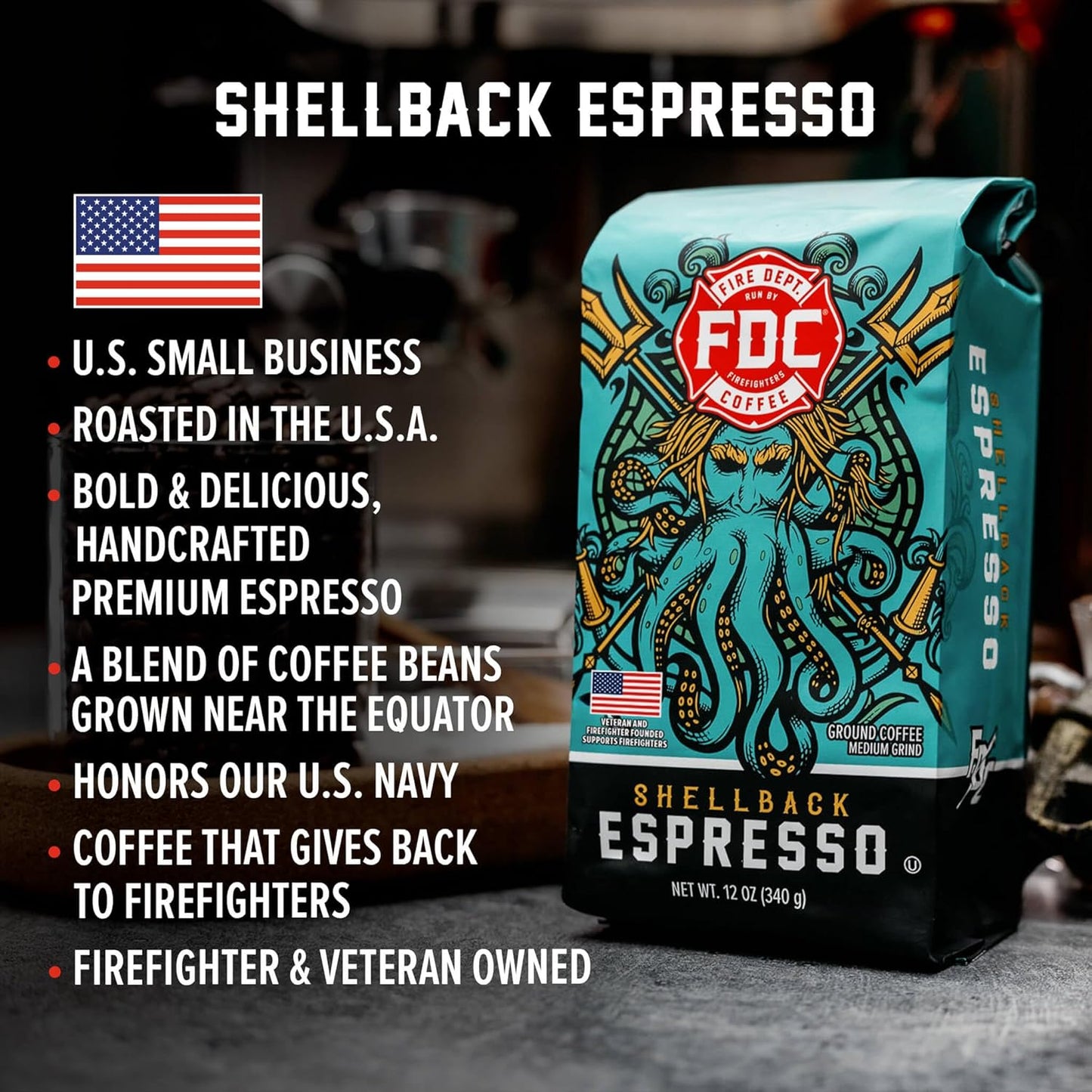 Fire Department Coffee - Gives Back to Firefighters - Shellback Espresso Coffee Beans - Bold & Smooth - Roasted in the USA - Premium Espresso - Veteran Owned (12 oz, Pack of 2)