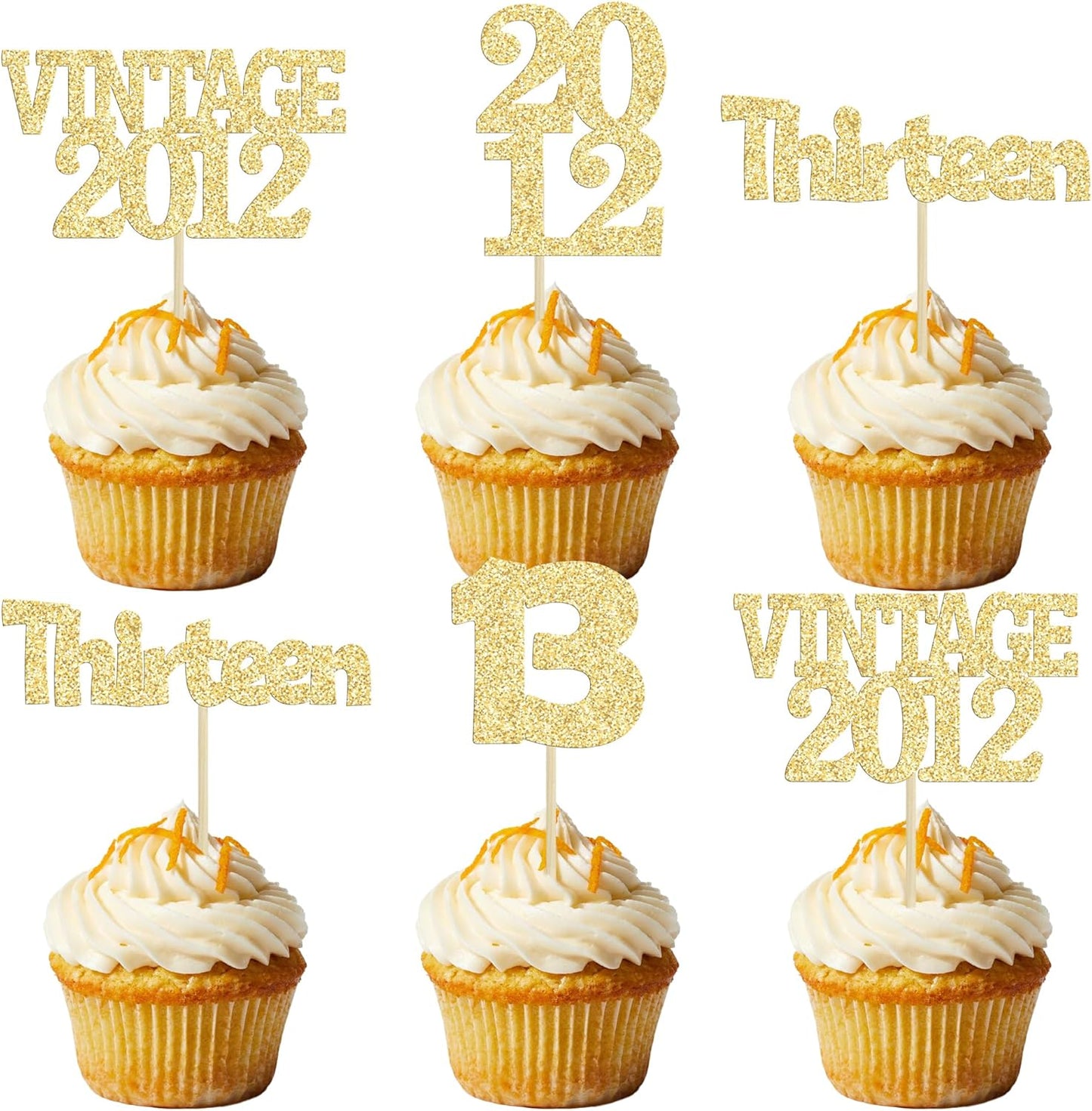 Gyufise 24Pcs Official Teenager 13 Cupcake Toppers Glitter Thirteen Vintage 2012 13th Birthday Cupcake Picks Hello 13 Years Birthday Cake Decor for Happy 13th Anniversary Party Supplies Gold