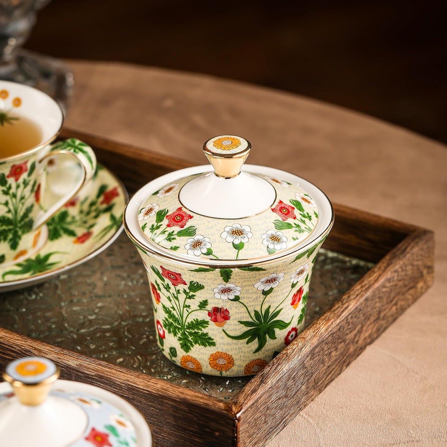 ACMLIFE Tea Set for Adults- Fine China Tea Set for 6, 21-Piece Vintage Coffee Set English Porcelain Tea Pot Sets for Adult Tea Party for Women Gift (Yellow ZF, Extra Large 21)