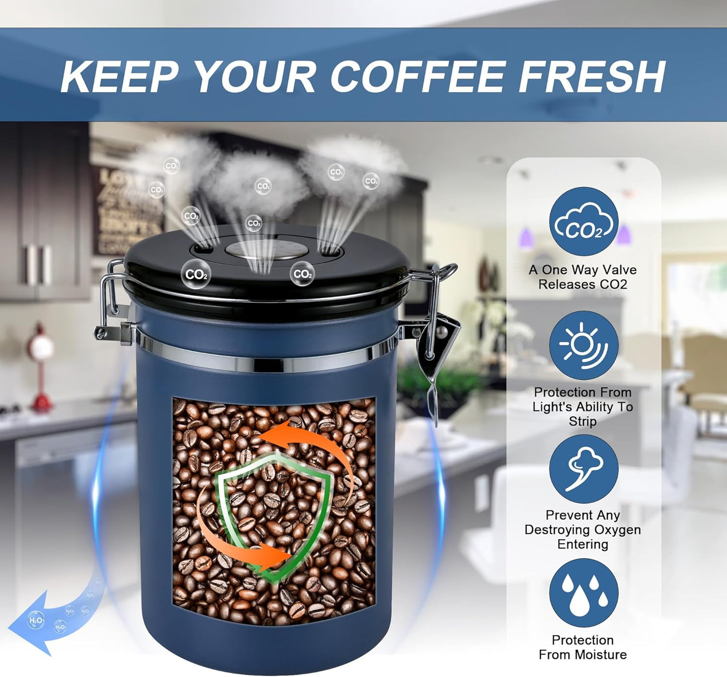 1800ML Airtight Coffee Canister with Date Tracker&Transparent Window, 22.8OZ Coffe Beans Storage with 30ML Measure Spoon&4 co2 Valve, Coffee Container for Grounds Coffee, Beans, Tea, Sugar&Flour(Blue)