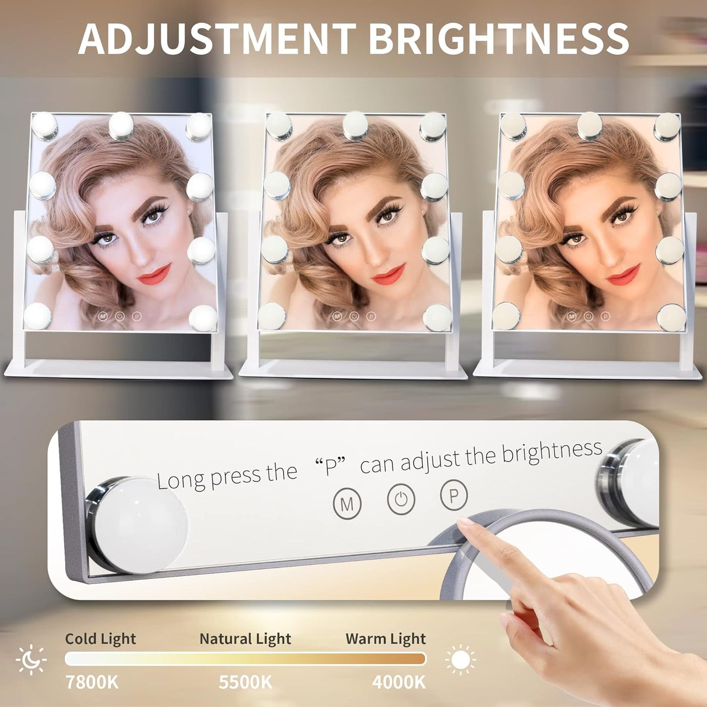Hollywood Vanity Mirror with Lights, 9 Dimmable LED Bulbs Lighted Makeup Mirror with Detachable 10X Magnification Mirror, 1200mAh Rechargeable, 3 Color Lights, Gifts for Women Mom Teen Girls