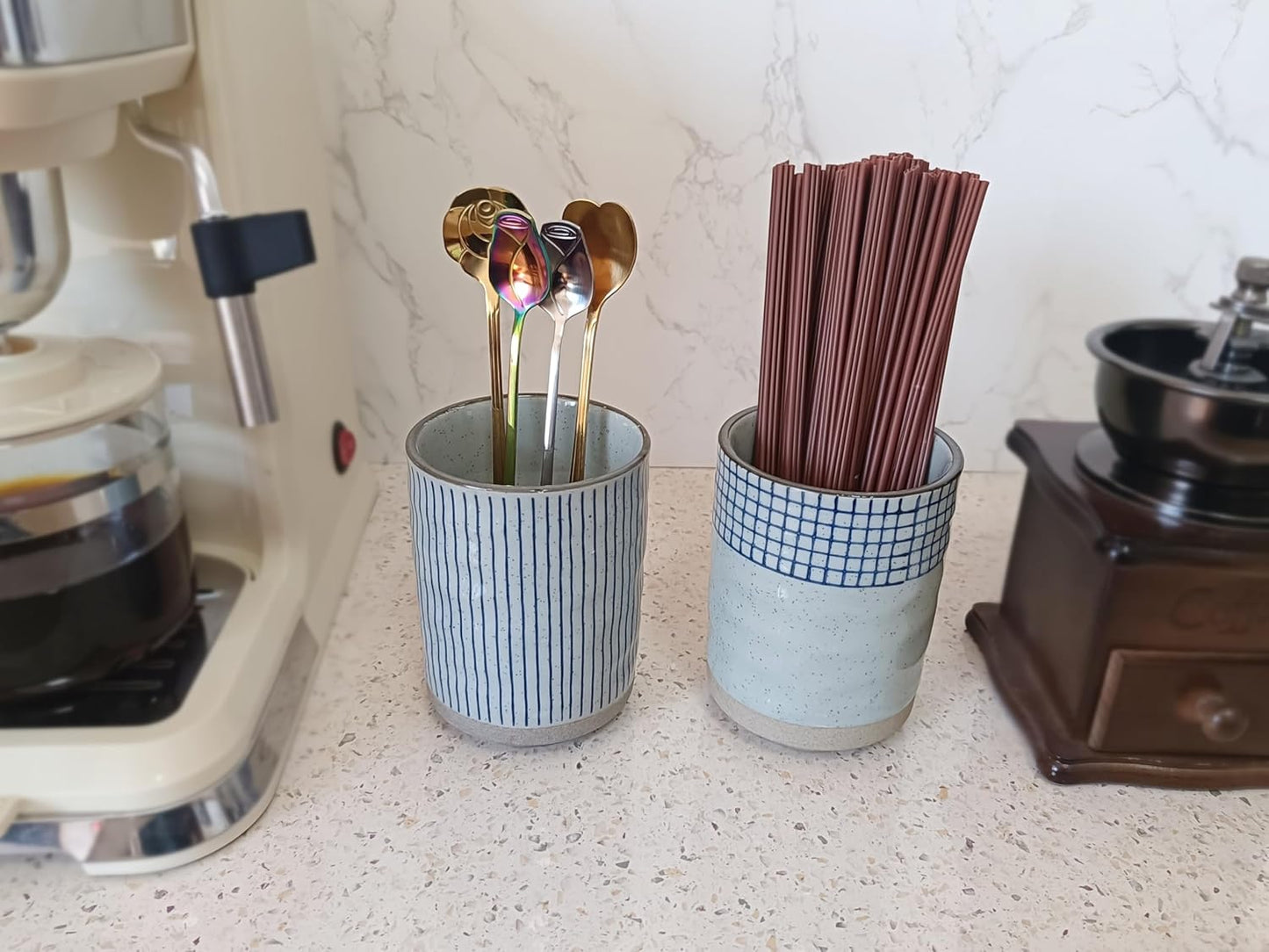 Stoneware Coffee Bar Utensil Holder Tea & Coffee Spoon & Stirrer Holder for Stir Stick Straw Teaspoon Holder Spoon Cup Small Utensil Jar (Blue Stripes)