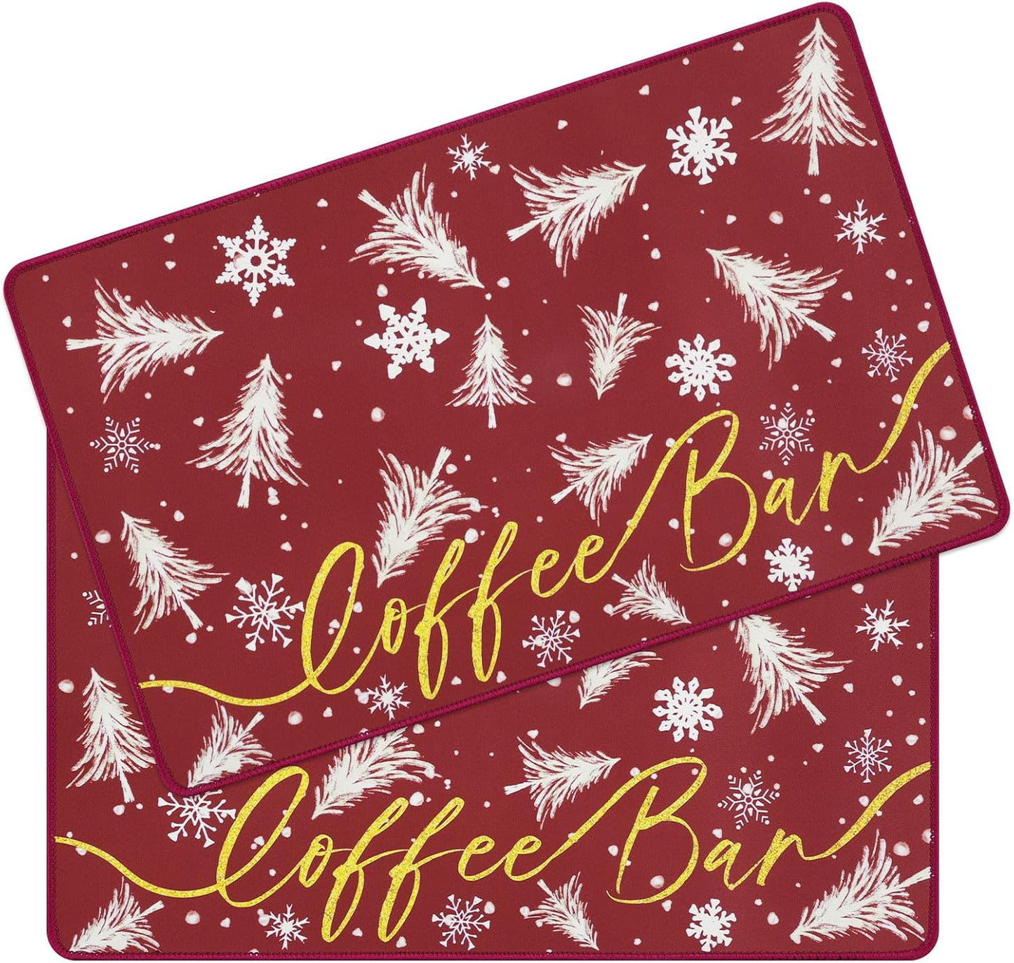 SHACOS Christmas Coffee Mat 2-Pack 12x19 Absorbent Non Slip Coffee Maker Mat for Countertop Accessories Heat Resistant, Christmas Red