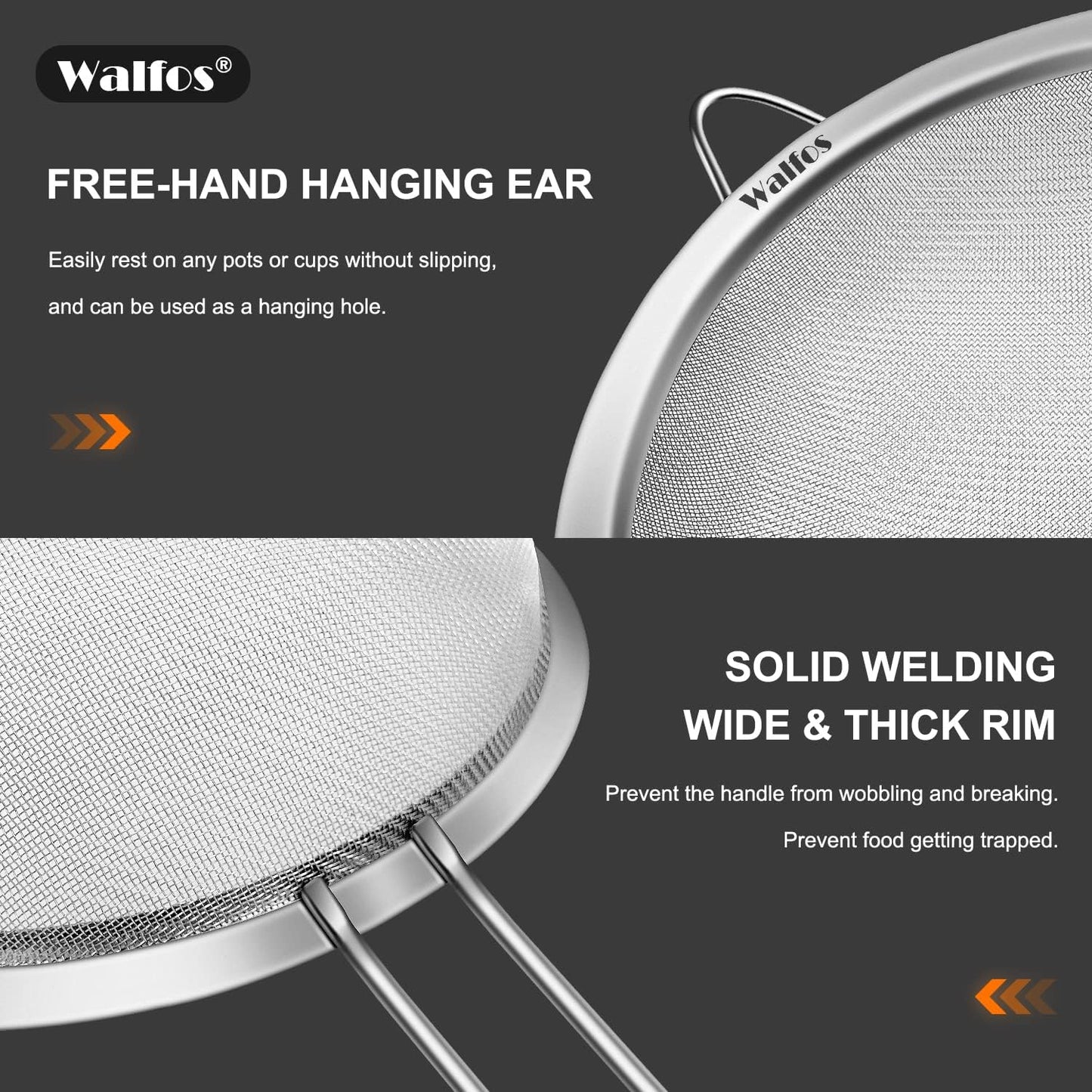 Walfos 7 Inch Fine Mesh Strainers, Premium Stainless Steel Colanders and Sifters, with Reinforced Frame and Sturdy Handle, Perfect for Sift, Strain, Drain and Rinse Vegetables, Pastas and Tea