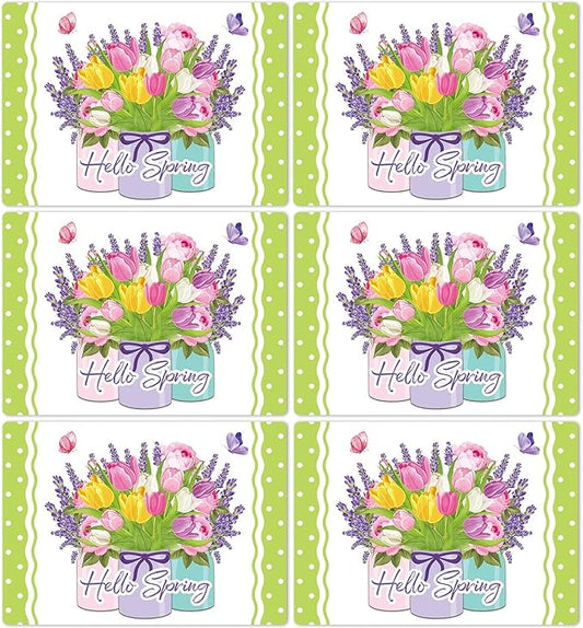Spring Placemats Set of 6 Easter Plastic Table Mats Tulip Place Mats Washable Vinyl Flower Vase Spring Table Decoration for Indoor Outdoor Party Kitchen Dining