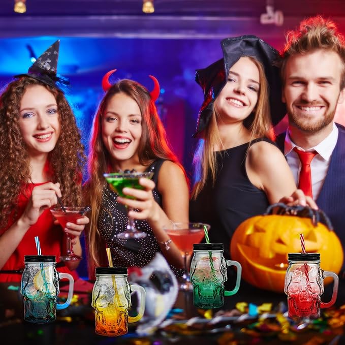 Halloween Cups Set of 4 - Skull Mason Jar with Lids Straws and Handle - Colorful Drinking Glasses for Halloween Party Bar Decor, 16 oz